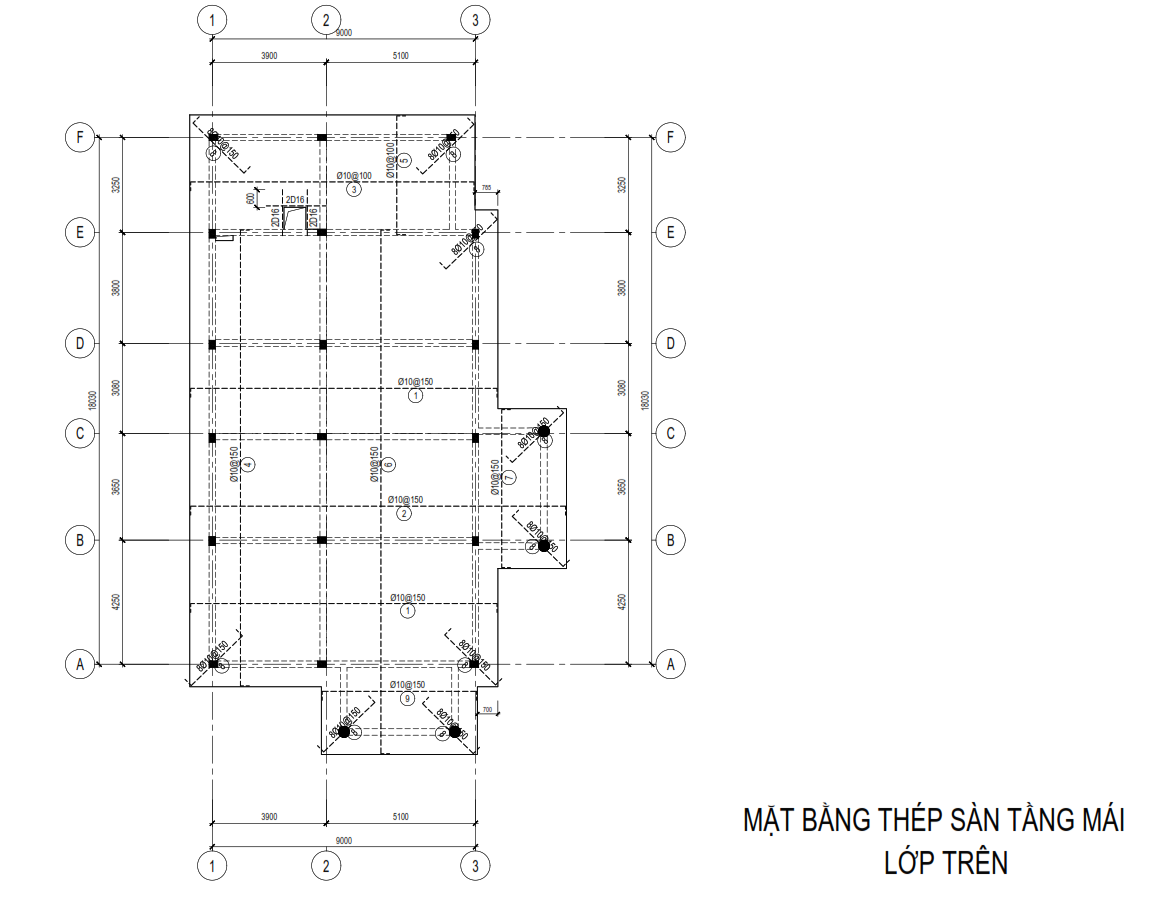 Bản vẽ mặt bằng thép sàn tầng mái lớp trên với ký hiệu đường kính và bước thép