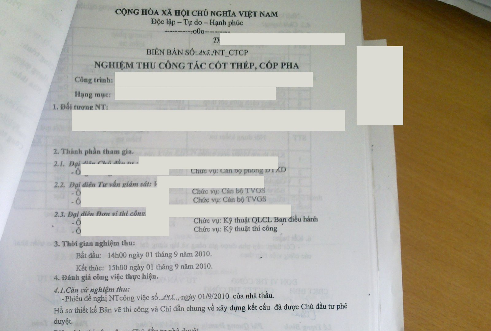 Phần đầu một biên bản nghiệm thu công tác cốt thép, cốp pha, căn cứ nghiệm thu ghi phiếu đề nghị nghiệm thu của nhà thầu