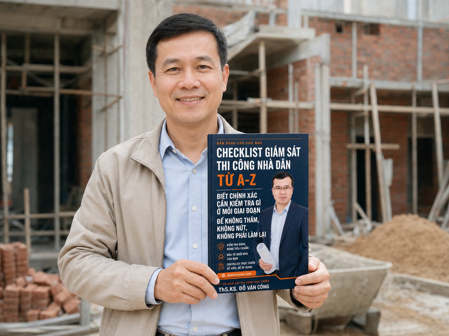 Chủ nhà cầm bản Checklist Giám Sát Thi Công Nhà Dân Từ A-Z tại công trường đang thi công