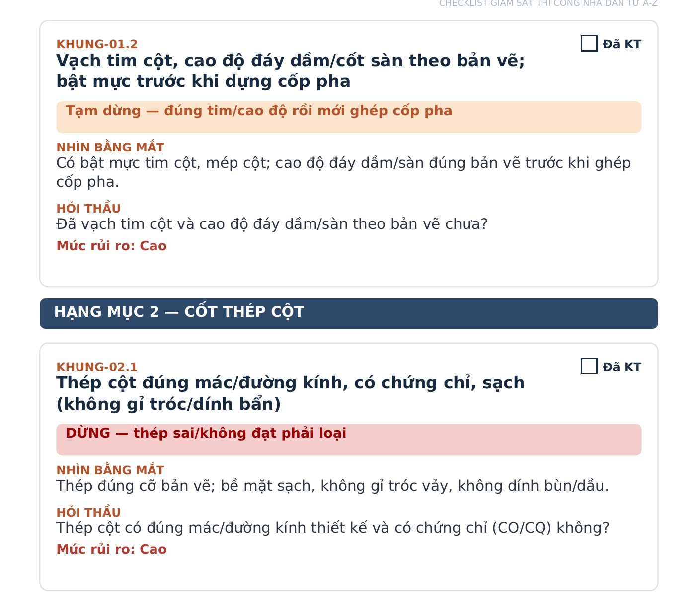 Hai thẻ kiểm tra trong Checklist bản Cơ bản, mỗi thẻ có mục nhìn bằng mắt, hỏi thầu, nhãn dừng và mức rủi ro