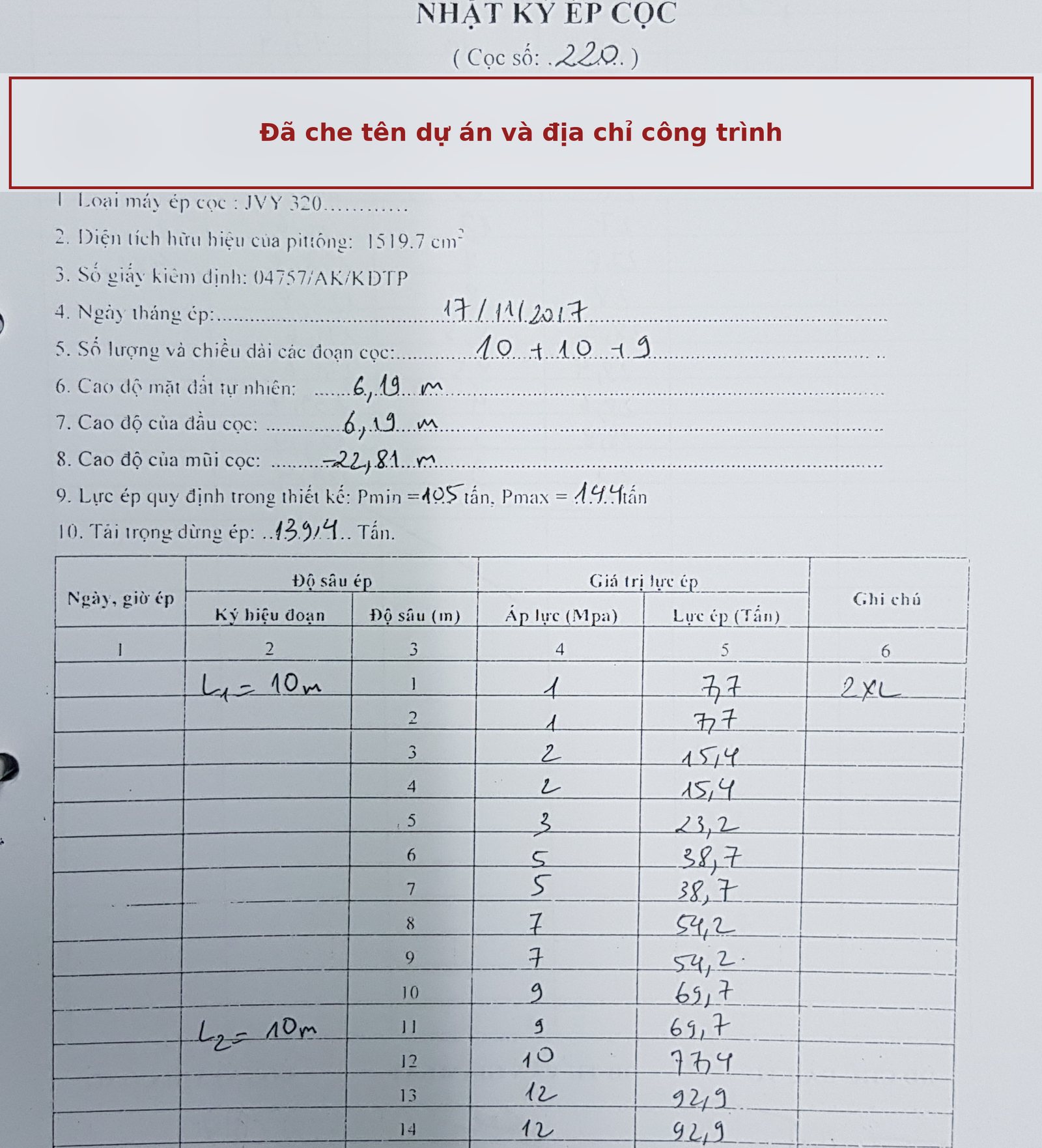 Một trang nhật ký ép cọc thực tế đã điền tay, ghi loại máy, diện tích pittông, số giấy kiểm định, lực ép thiết kế và bảng ghi áp lực cùng lực ép theo từng mét độ sâu