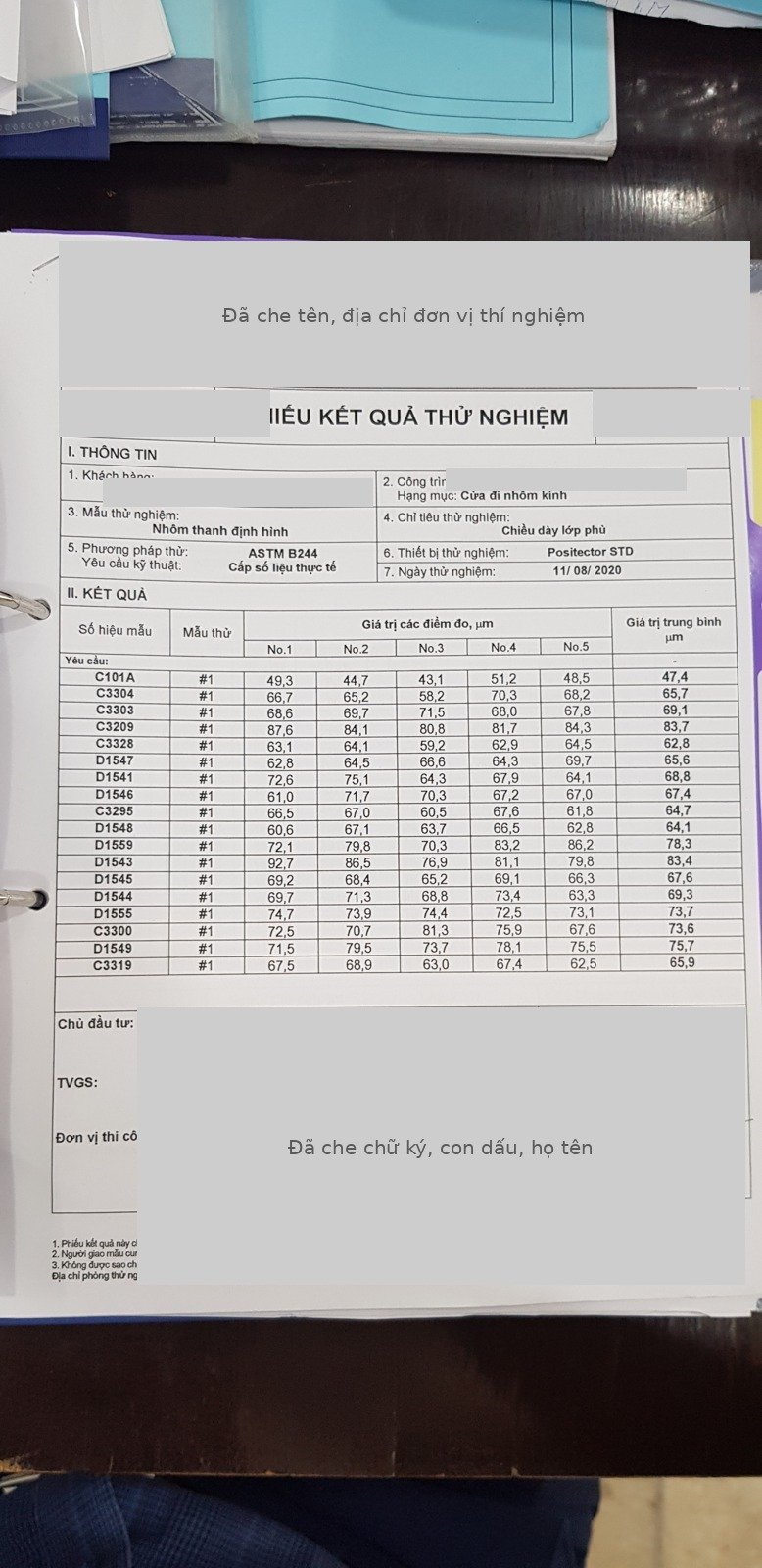 Phiếu kết quả thử nghiệm có bảng số liệu đo và khu vực chữ ký, con dấu của đơn vị thí nghiệm, đã che thông tin định danh